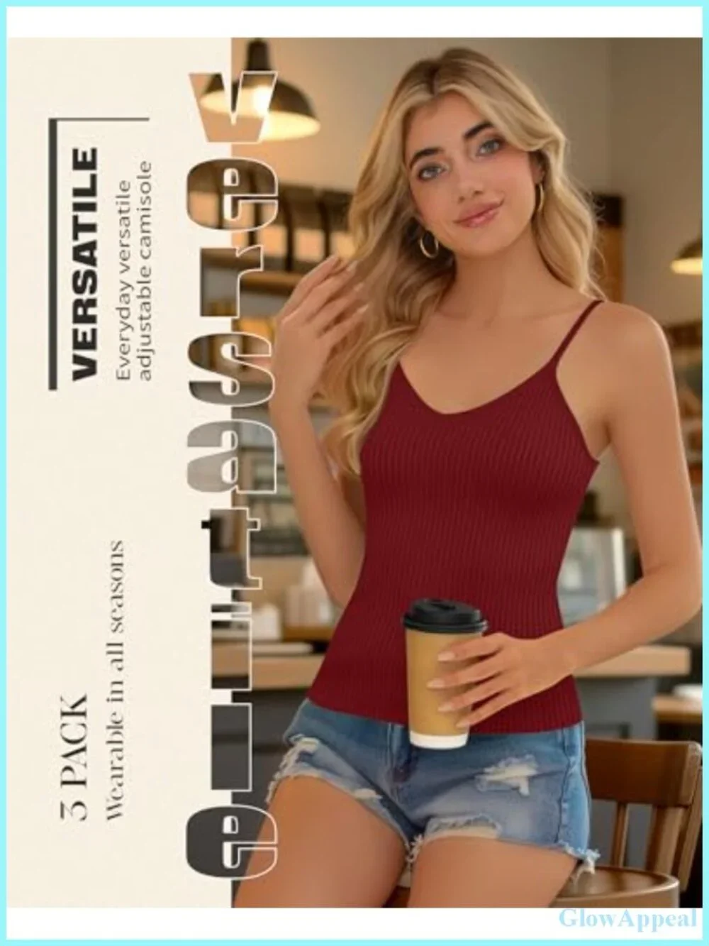 3 Pack Ribbed Knit Adjustable Spaghetti Strap V-Neck Slim Fit Crop Tank Top